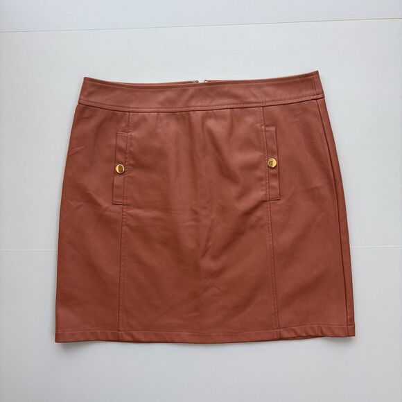 Loft Skirt Soft Vegan Faux Leather Lined A-Line Size 10 Cognac Office Career - Picture 2 of 10